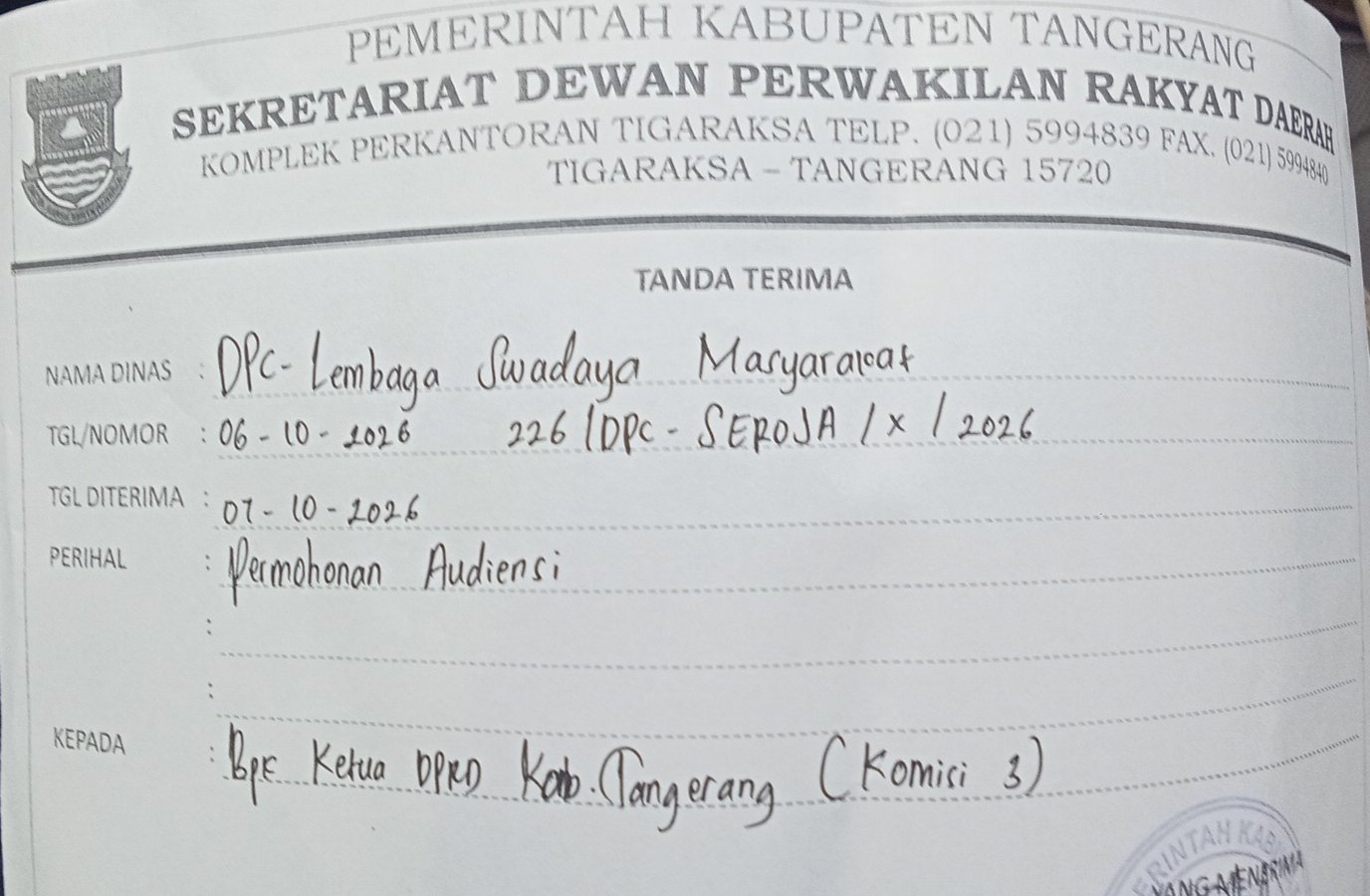 LSM Seroenting Jaya Indonesia ( SEROJA) Layangkan Surat Ke DPRD Komisi III Kabupaten Tangerang