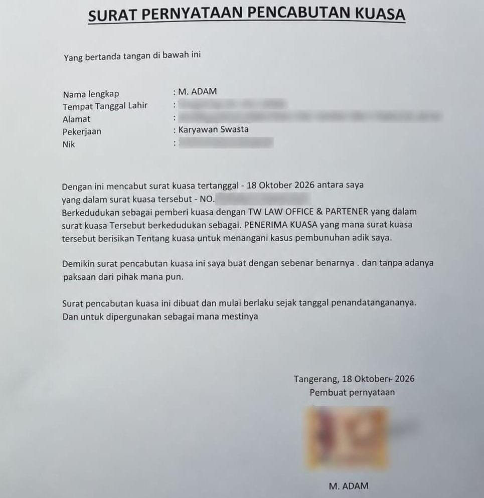 TW Law Office & Partner Tidak Lagi Menjadi Kuasa Hukum Keluarga Korban Muhammad Harun